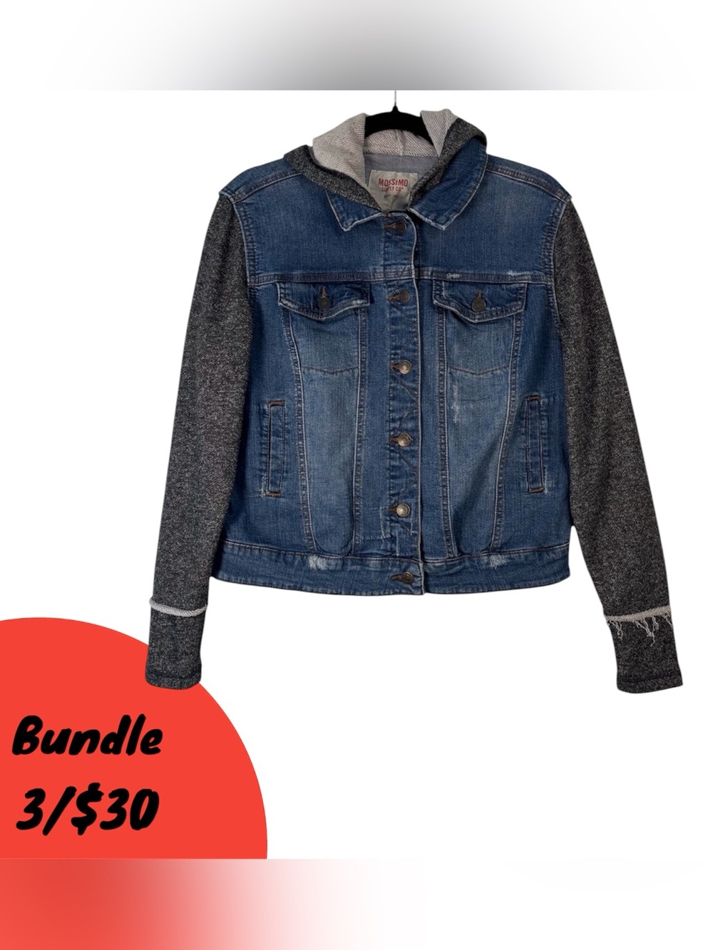 Mossimo Supply Co. Blue Denim Jacket with Charcoal Knit Sleeves Hoodie Casual